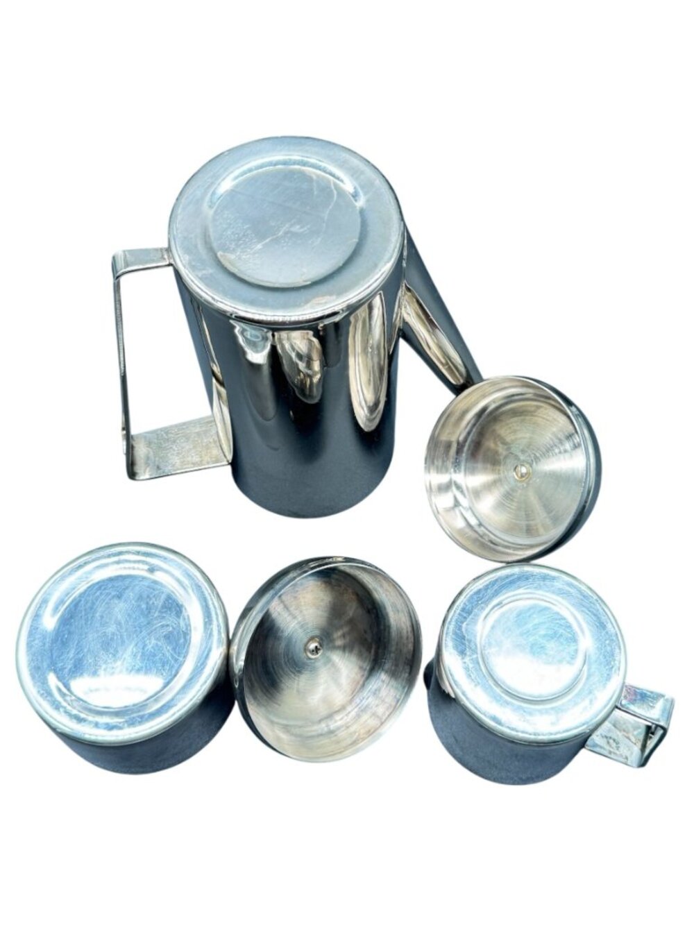 Vintage MCM Silver Stainless Steel Coffee/Tea Pot Creamer & Sugar Set With Lids - Picture 5 of 5